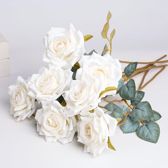 3.1"(8cm) Manta Rose Artificial Flower 7pcs Realistic Faux Silk Roses Fake Flowers Bouquets Arrangements Decor for Wedding Spring Mother's Day, Home Table Decorations, White Flower
