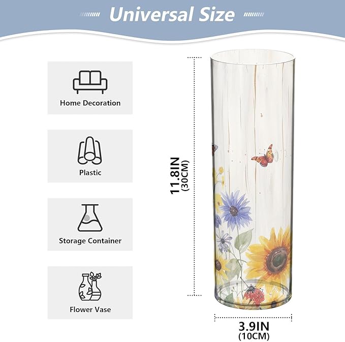 Flower Vase Clear Plastic Cylinder Vases Decor for Centerpieces Home Storage Office Weddings Watercolor Cornflower Butterfly 11.8 x 3.9 in
