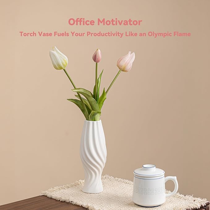 White Ceramic Torch Vase with Spiral Design - 8.8" Unique Flower Vase for Pampas Grass & Centerpieces, Decorative Boho/Farmhouse Vase for Living Room, Office Desk & Gift for Her/Yourself