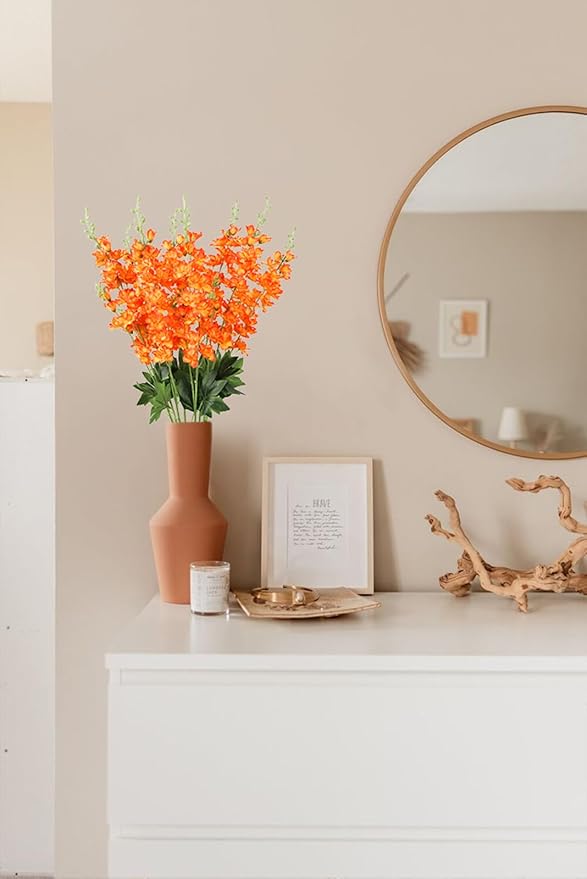 Orange Delphinium Artificial Flowers,8PCS Long Stem Silk Larkspur Flowers 33.5'' Faux Delphinium Stems for Tall Vase Home Wedding Table Decor(Orange)