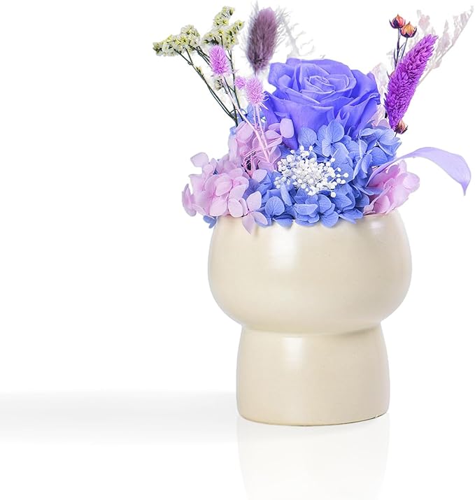 Preserved Floral Gift Set, Everlasting Rose in Small Ceramic Pot - Lasting Beauty for Home Table Decor, Mother's Day, Valentine's Day, Birthday, and Anniversary (Purple)