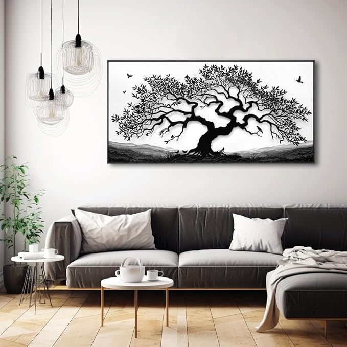 MooMel Wall Art Tree of Life White and Black Abstract Wall Art Canvas Painting for Living Room Bedroom Dining Room Home Office Decor Large Framed Ready to Hang 20"x40"