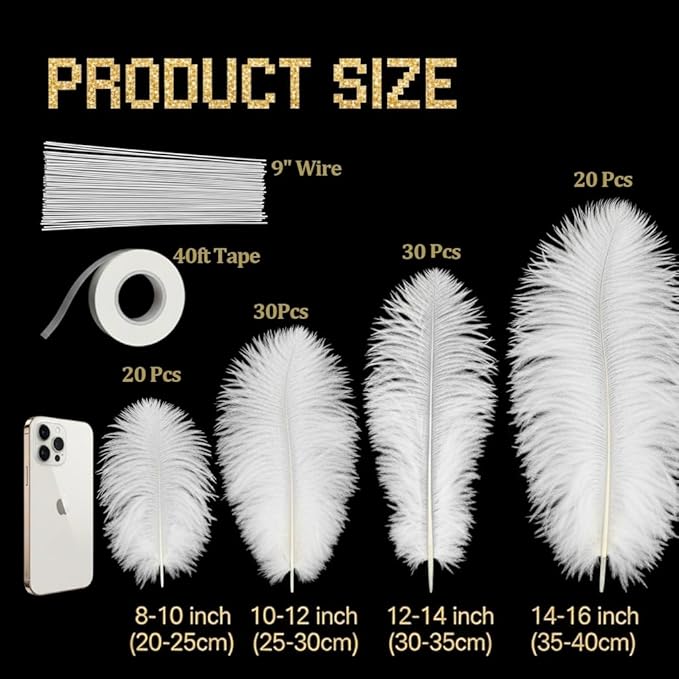 Lamar 100 Pcs White Ostrich Feathers 14-16'' 12-14'' 10-12'' 8-10'' Bulk for Wedding Centerpieces, Event Decor, Floral Arrangement, Home Decor (White)
