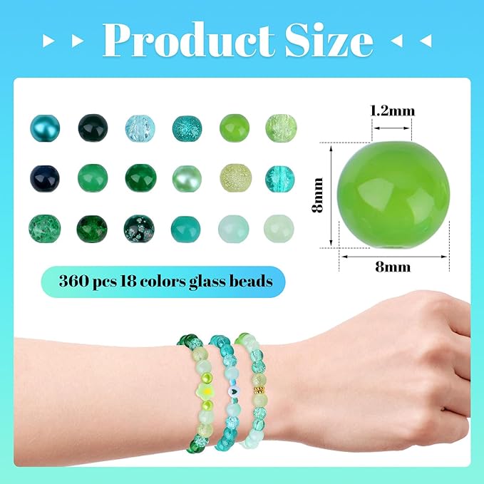 DUQGUHO 8mm Green Glass Beads Bulk 360PCS, 16 Colors, Perfect for Jewelry Making, DIY Crafts & Home Decor