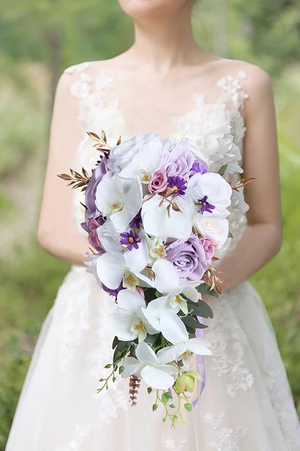 Bridal Bouquets for Bride, 11 Inch Artificial Flowers Bridal Bouquet Cascading Wedding Bouquets for Bride for Wedding Ceremony and Anniversary(White Purple)