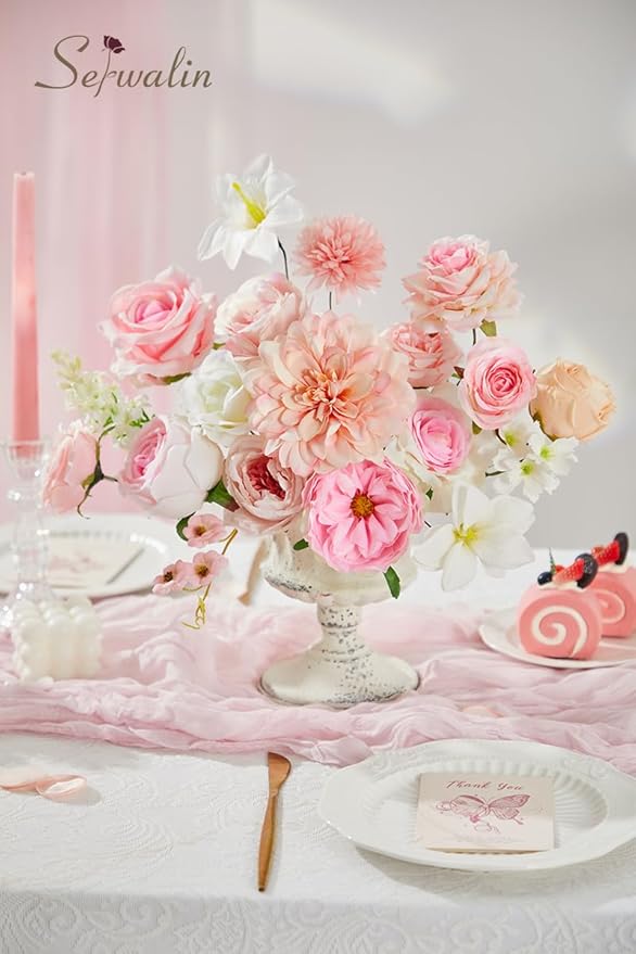 Serwalin Artificial Pink Flowers, Cake Silk Flowers for DIY Wedding Bouquets Fake Flowers, Table Centerpieces Baby Shower Birthday Party Home Decorations