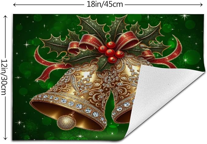 PVC Placemats Set of 4 Wipeable Table Mats Washable Heat Resistant Non Slip Vinyl Dining Table Mat for Kitchen Indoor Outdoor Patio Farmhouse Place Mats Green Christmas Bell Decorative