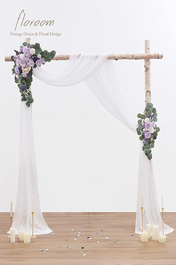 Floroom Arch Flowers with Drapes Kit (Pack of 4) - 2pcs Artificial Lilac Lavender Purple Floral Swag Arrangement with 2pcs Draping Fabric for Wedding Ceremony Arbor and Reception Backdrop Decoration