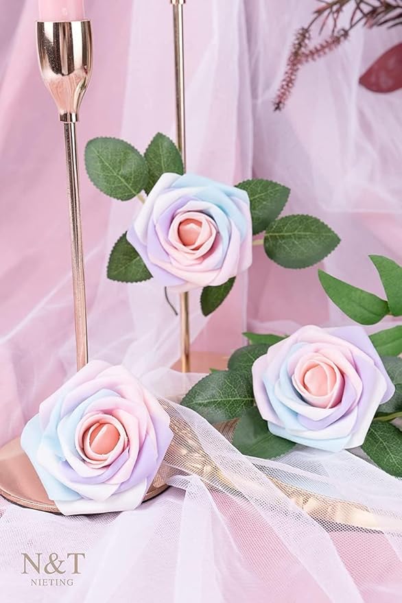 N&T NIETING Artificial Flowers, 25Pcs Fake Flowers Roses Perfect for DIY Wedding Bouquets Centerpieces Bridal Shower Party Home Flower Arrangement Decorations, Rainbow Color