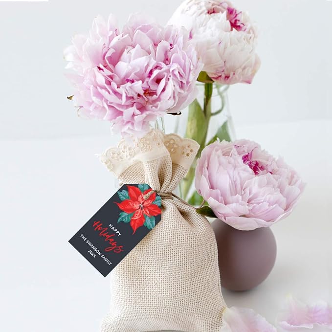 Andaz Press Personalized Christmas Holiday Season Classic Gift Tags, Happy Holidays Custom Family Name and Year, Christmas Poinsettia Design, for Holiday Events, Parties, and Favors, 60-Pack