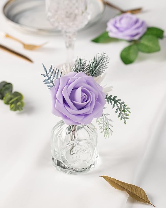 DuHouse 25Pcs Artificial Roses Flowers Fake Roses with Stems Real Touch Foam Flowers for DIY Wedding Bouquet Baby Shower Centerpiece Floral Arrangement Party Home Decor(Lilac)