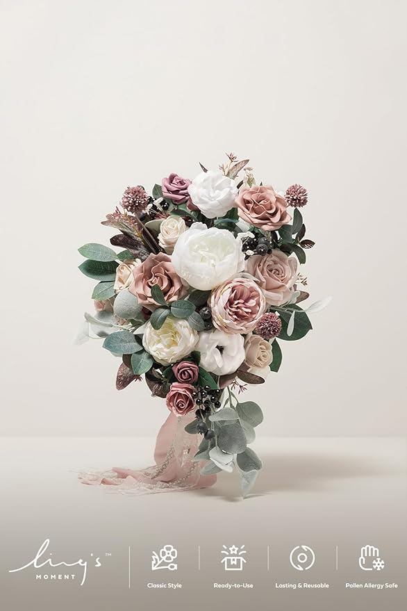 Ling's moment Wedding Artificial Flowers Package, Bridal Bouquet, Bridesmaid Bouquets, Boutonniere for Men, Rose Petals.Dusty Rose Muave