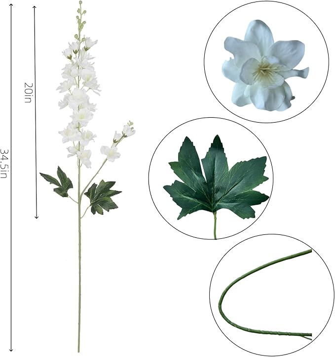 8 pcs White Delphinium Artificial Flowers, 34.25''Artificial Snapdragon Flowers Tall Fake Flowers Silk Flowers Faux Delphinium Bulk for Tall Vase Home Wedding Garden Table Decor (White)