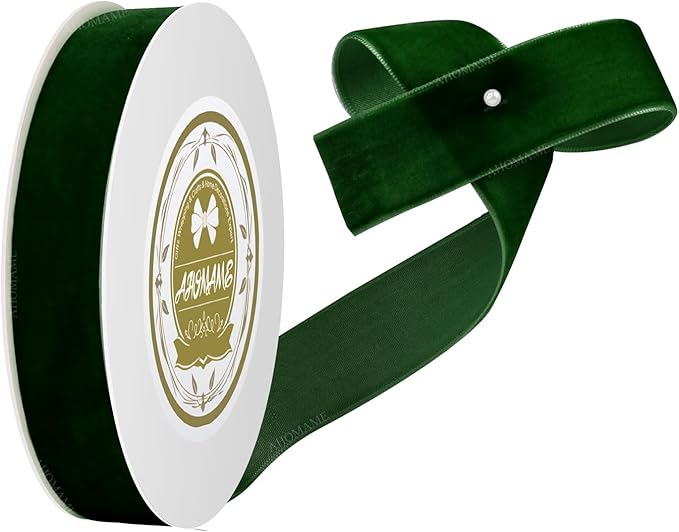 Dark Green Velvet Ribbon - 1 inch x 10 Yards for Gift Wrapping, Crafts, Christmas Decor, Bow Making, Vintage Fabric