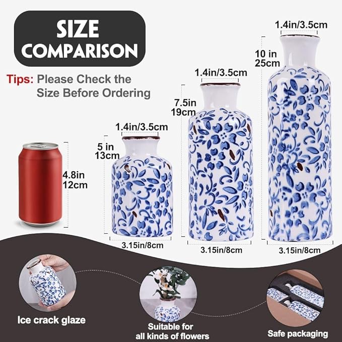 Ceramic Vase Set of 3 - Modern Chinoiserie Blue Floral Decorative Vases for Home Decor, Rustic Farmhouse Boho Vases for Living Room, Mantel, Dining Table, Bookshelf, Kitchen or Entryway Decoration