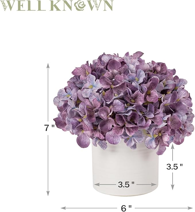 Hydrangea Fake Flowers in Vase, Artificial Flowers with Ceramic Vase Small Faux Potted Floral Arrangements for Bathroom Home Desk Kitchen Counter Vanity Shelf Coffee Table Centerpiece Decor (Purple)