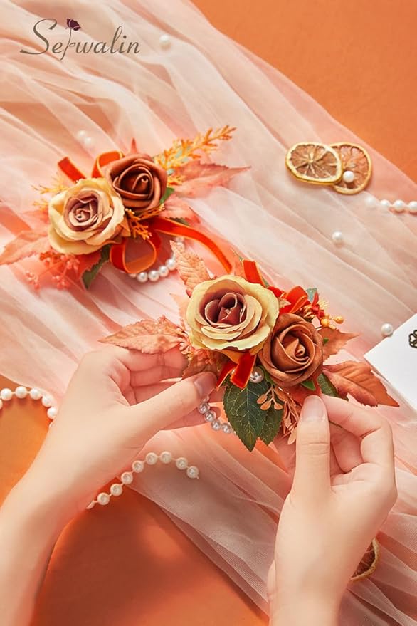 Serwalin 𝗦𝗲𝘁 𝗼𝗳 𝟮 Wrist Corsage for Wedding, 𝟲-𝟳 𝗜𝗻𝗰𝗵 Corsages for Bridesmaid Mother Grandmother, Artificial Flowers for Prom Ceremony Anniversary Cake Topper (Orange)