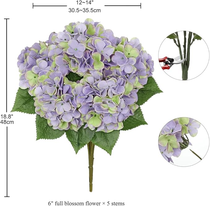 Hollyone Green Purple Hydrangea Artificial Flowers Large Artificial Hydrangeas Silk Flowers for Home Decor Indoor Wedding Flowers Bouquets Faux Flowers Kitchen Centerpiece Table Decorations