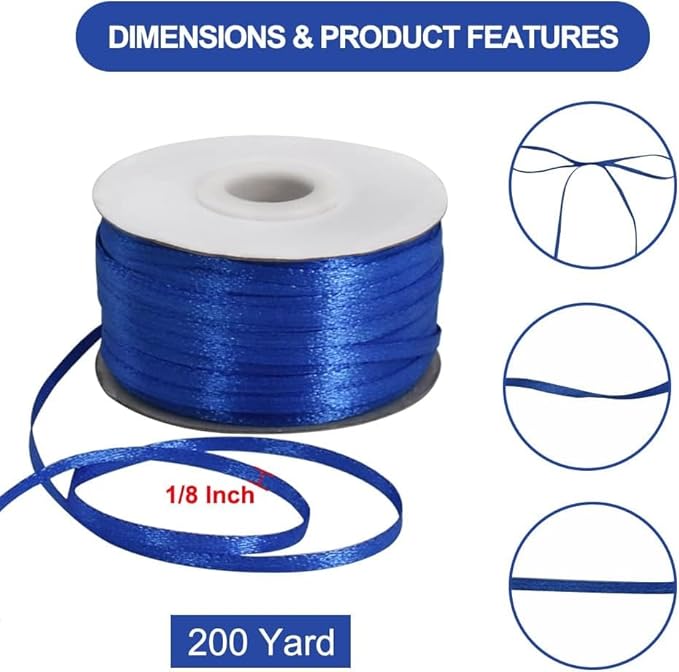 1/8 Inch x 200 Yards Royal Blue Thin Solid Satin Ribbon Spool Double Face Woven Polyester Fabric Ribbons for Crafts Hanging Tags Invitation Card Balloons Bouquet Hair Gift Wrapping Party Decoration