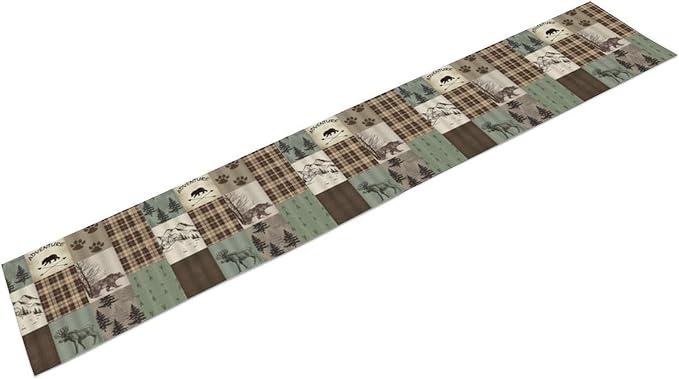 Rustic Moose Deer Bear Table Runner, Retro Vintage Bear Cottage Country Style Cabin Farmhouse Dinner Runner for Home Kitchen Dining Table Decoration 13"x120"