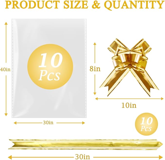 PigPotParty 30"x40" Clear Cellophane Gift Bags - Includes Bows – 10 Pack Large Cellophane Wrap for Gift Baskets, Plastic Gifts Bags for Gift Giving