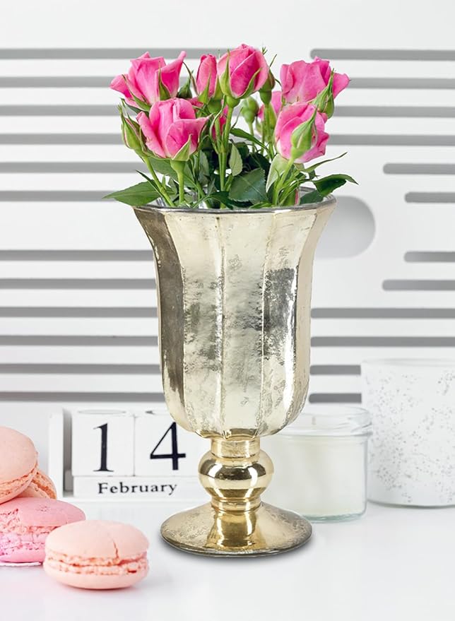 Serene Spaces Living Antique Gold Vase for Flowers, 8 1/2in Gold Urn for Centerpieces, Weddings, Events