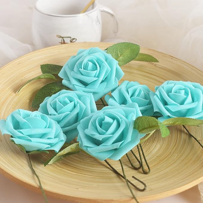 homEdge Artificial Rose, 25pcs Foam Artificial Flowers with Stem for Home Decorations, Wedding Bouquets, Party, Certerpieces, Anniversaries-Light Blue