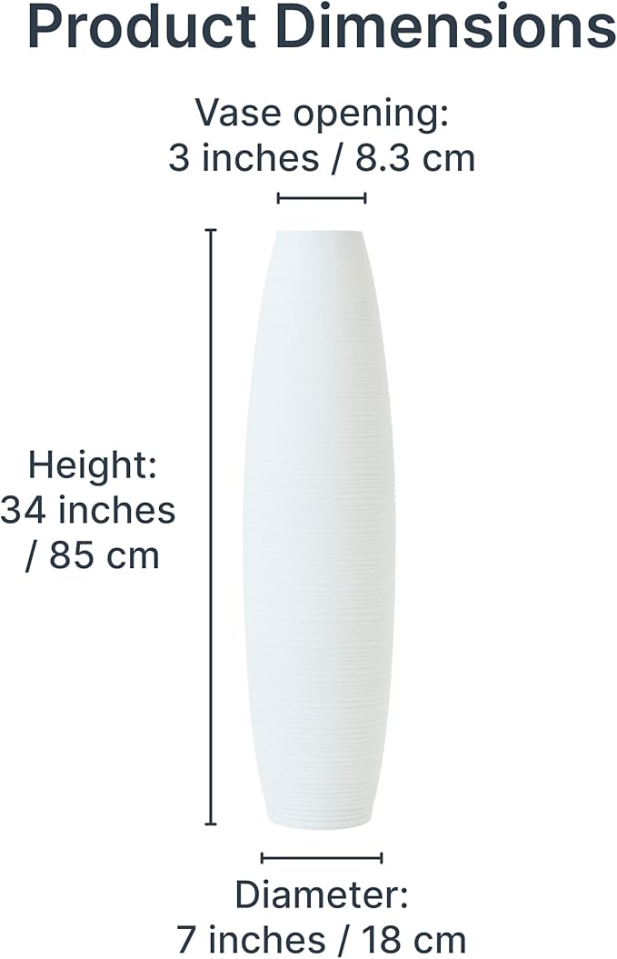 Leewadee Large 34″ Tall Floor Vase, White - Handcrafted Mango Wood for Pampas & Dried Stems