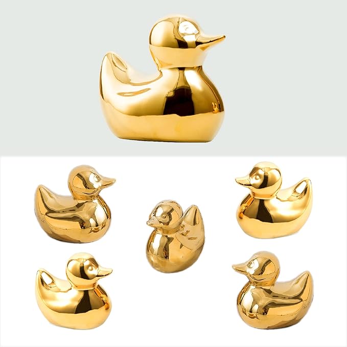 Golden Ceramic Duck Figurines，Home Decor Animal Sculptures and Statues Handmade Artware Decor,Mini Duck Sets 3 PCS