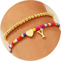 Ritach Christmas Gifts for Teens Girls Kids - 2PCS Colorful Heart Initial Bracelet Stackable Real Gold Plated Stretchable Beaded Bracelets for Teen Girls Kids Birthday Gifts Stocking Stuffers