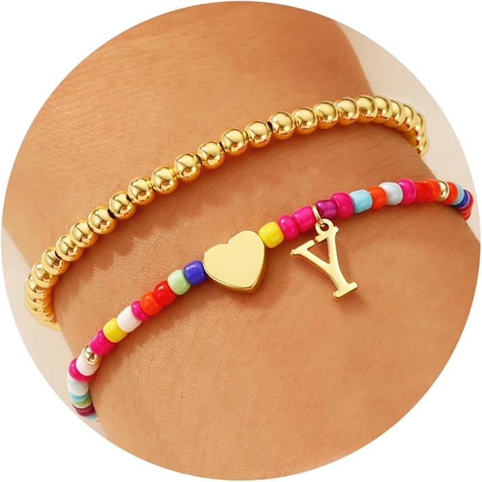 Ritach Christmas Gifts for Teens Girls Kids - 2PCS Colorful Heart Initial Bracelet Stackable Real Gold Plated Stretchable Beaded Bracelets for Teen Girls Kids Birthday Gifts Stocking Stuffers
