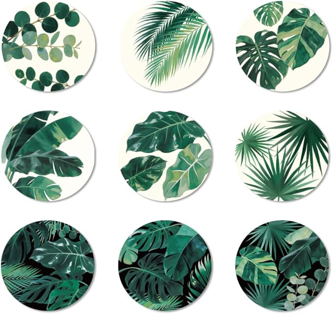 ANATTASOUL Coasters Set of 9 Tropical Leaves Pattern Colorful Wooden Coasters Bulk Round Housewarming Gift for New Home, 3.9" Decorative Coffee Table Protection for Farmhouse Bar House Decor