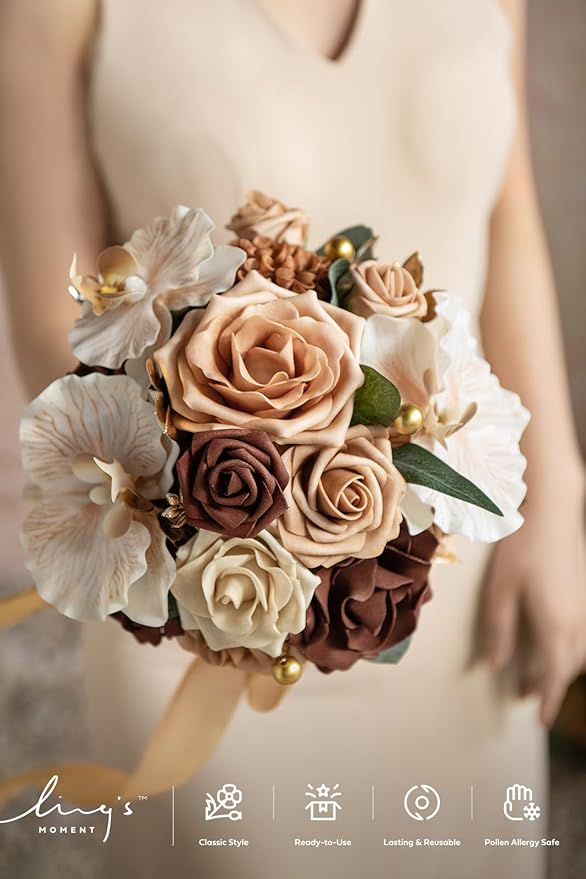 Ling's moment Bridesmaid Bouquet Set of 4, Brown & Beige Wedding Bouquets for Bridesmaids, 7 Inch Nut Brown Bridal Bouquets for Bridesmaids, Wedding, Ceremony, Anniversary, etc.
