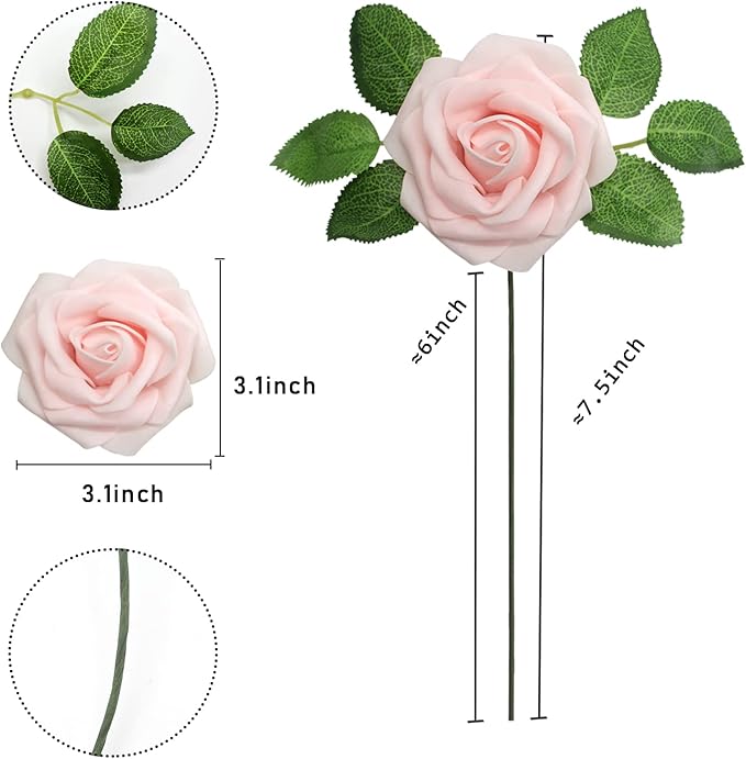 Light Pink Artificial Roses Flowers 100pcs Real Looking Foam Fake Roses with Stems for DIY Wedding Bouquets Bridal Shower Centerpieces Party Decorations (100, Light Pink)