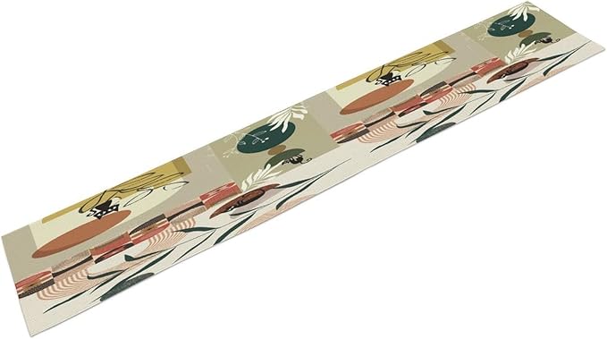 Mid Century Table Runner,Abstract Boho Plant Leaf Botanical Cat Modern Geometric Pattern Print Burlap for Hotel Indoors Outdoor Dining Room Kitchen Home Decor, 13x80in