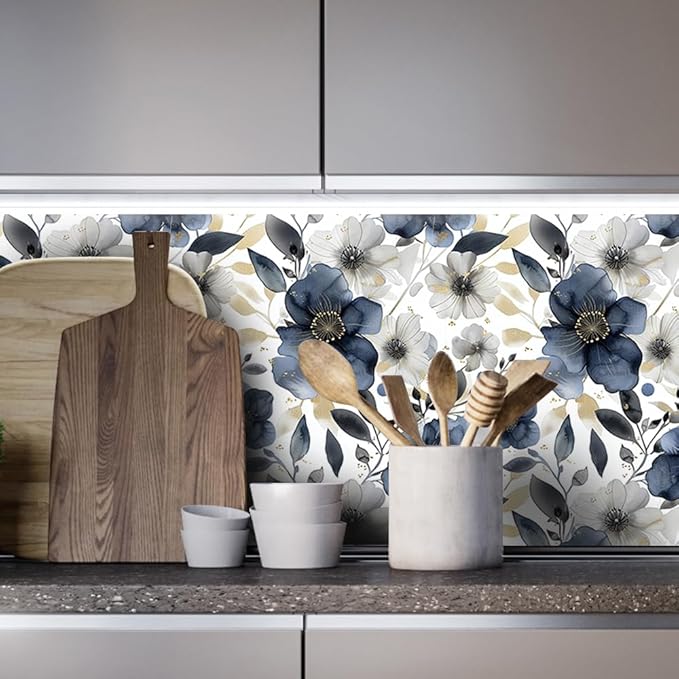 Floral Peel and Stick Wallpaper - Vintage Dark Blue/Gray Flower Boho Wallpaper - Removable, Renter Friendly - 17.71'x236.2'
