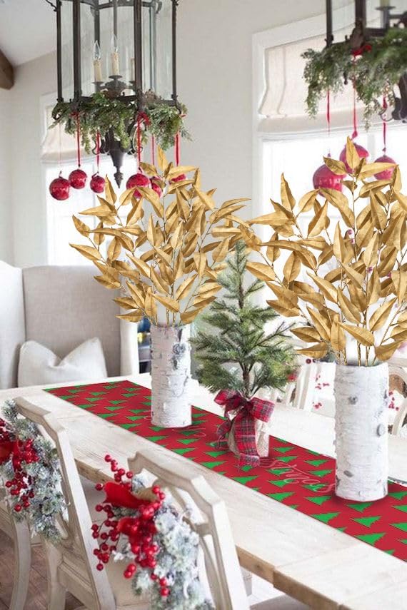 Hollyone 32” Christmas Tree Picks and Sprays 3Pcs Gold Artificial Eucalyptus Stems Eucalyptus Leaves Branches Fake Gold Leaf Floral for Vase DIY Xmas Tree Garland Wreath Centerpieces Wedding Decor