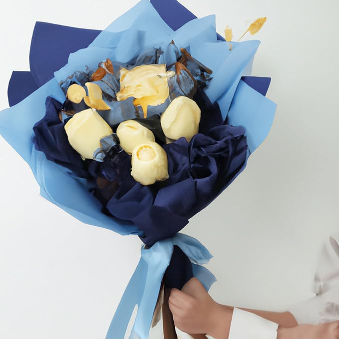 LeZakaa 20 Sheets Flower Wrapping Paper - Waterproof Reversible Floral Bouquet Paper - Sky Blue and Navy Blue Design for Father's Day, Graduation, Party, Holiday