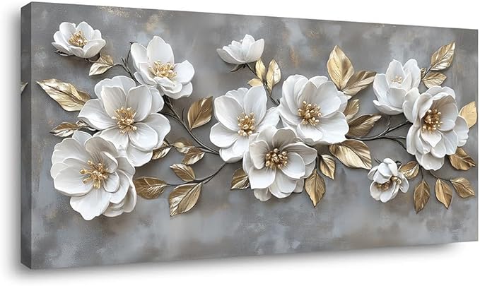 LAVIKARS Modern Gray Flowers Wall Art for Living Room Office White and Golden Floral Landscape Canvas Painting Prints Large Delicate Petals Artwork Kitchen Home Bedroom Decor (16x30 Inches)