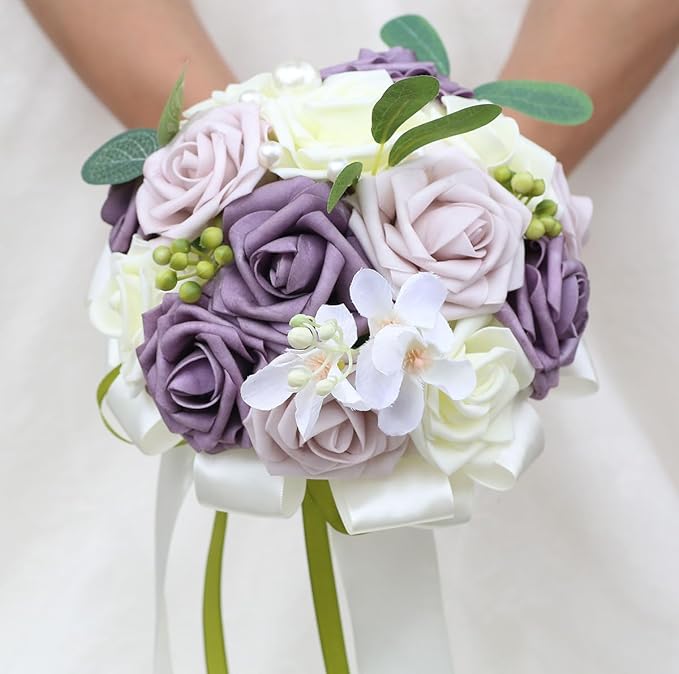Lightweight Bridal Wedding Bouquet Round Holding Bouquet Throw Toss Artificial Rose Flower Bunch for Bride Bridesmaid Wedding Quinceanera (Cream, Deep Taro & Light Taro, 7.9")