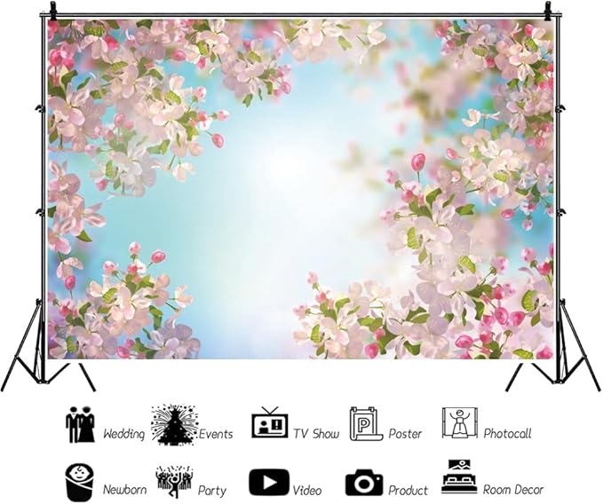 Renaiss 9x7ft Pink Floral Backdrop Romantic Cherry Blossom Blue Sky Sunshine Nature Scenery Polyester Photography Background for Wedding Kids Baby Birthday Party Decor Photo Props