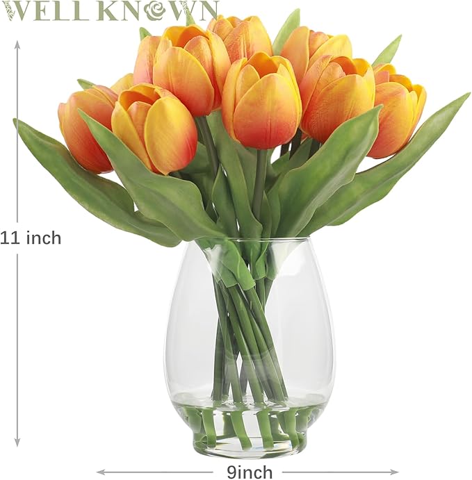 WELL KNOWN 12 Pcs Tulips Artificial Flowers in Vase, Real Touch Tulips with Vase with Upgrate Acrylic Water Flower Arrangements Centerpiece for Dining Room Table Decoration（Orange）