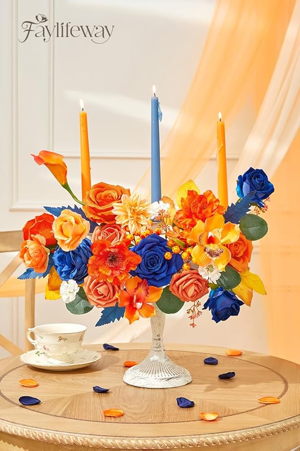 Faylifeway Artificial Flowers, Fall Orange and Red Silk Flowers for DIY Wedding Bridal Bouquets, Fall Fake Cake Flowers for Table Centerpieces Party Home Decorations