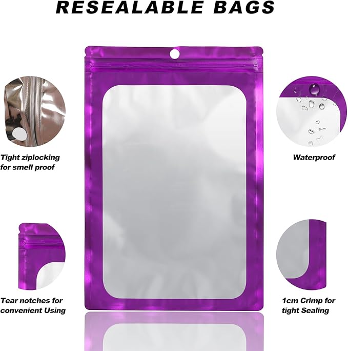 400 Pack 4 Size Bags with Clear Window,Scratch Resistant Hand Holographic Packaging Pouch,Resealable Bag for Small Bussiness Cookies Jewelry Candy Sample (Purple, 2.4×3.9,3x4.7,4×7,5.5×7.9 inch)