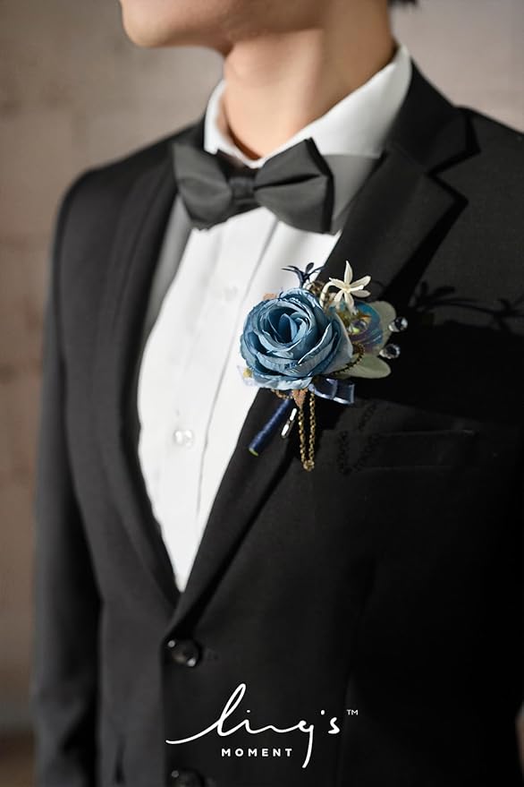Ling's moment Boutonniere for Men, 6pcs Groom Groomsmen Boutonniere, Artificial Flowers for Wedding Decor/Prom/Homecoming, etc.Navy Blue & Pink
