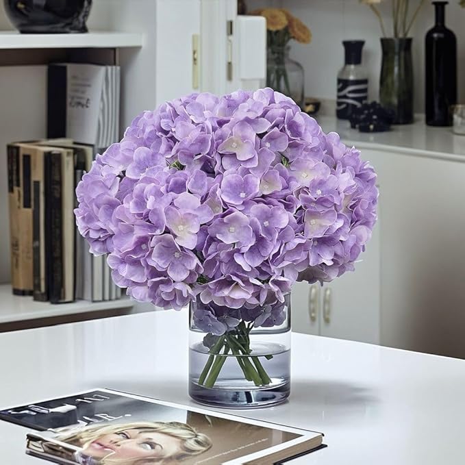 2Bouquets Artificial Fake Flowers Plants Silk Hydrangea Arrangements Wedding Bouquets Decorations Plastic Floral Home Kitchen Garden Party Festival Bar DIY (Lavender,5 Flower Heads)
