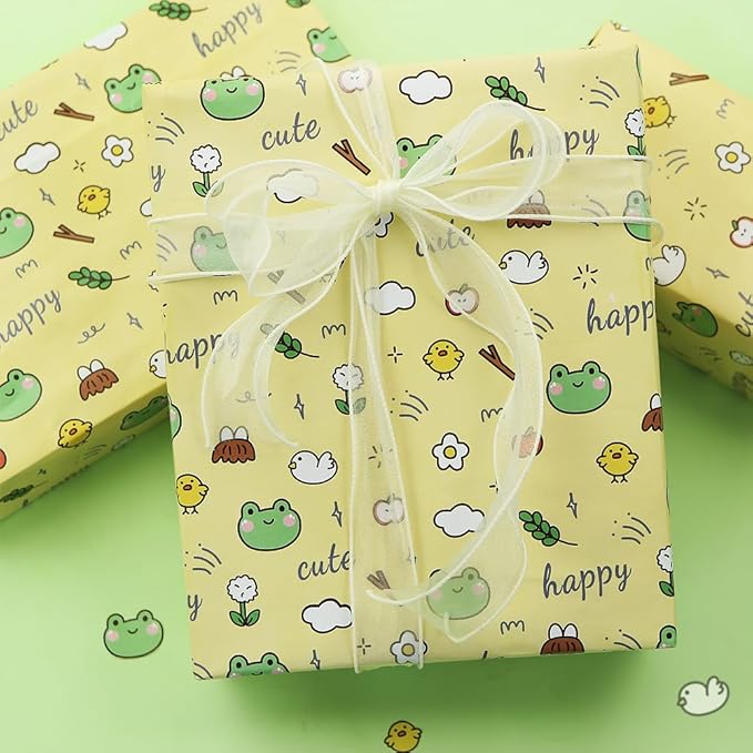 Geluode Frog Wrapping Paper for Kids Boys Girls, 4 Folded Sheets Cute Frogs Chick Daisy Flower Apple Design Yellow Wrapping Paper for Birthday Baby Shower - 20x28 Inches