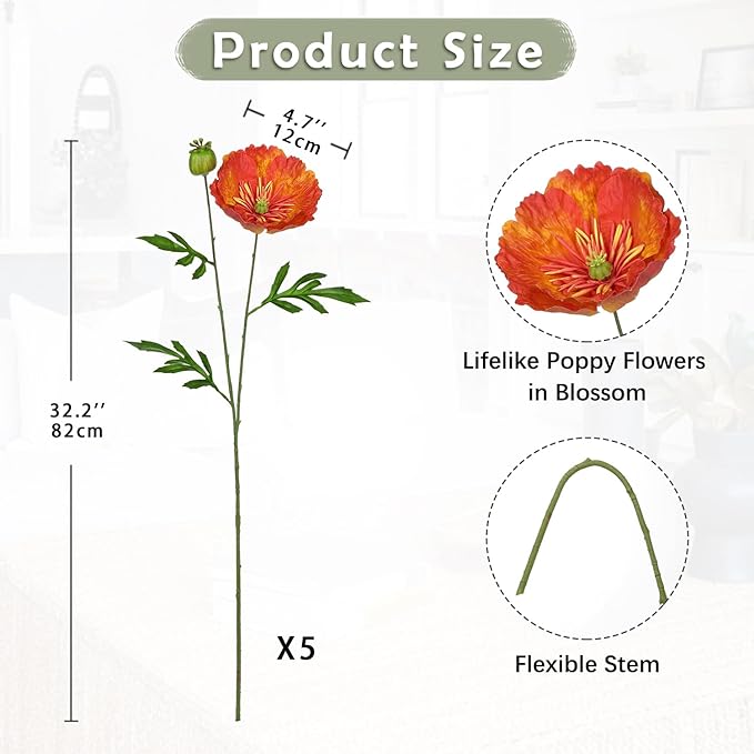 Hollyone 5Pcs Dark Orange Poppy Flowers Artificial Bouquet 32.2" Silk Fake Poppy Flowers Arrangement Real Touch Faux Poppies Flower Long Stem for DIY Wedding Party Table Centerpiece Table Home Decor