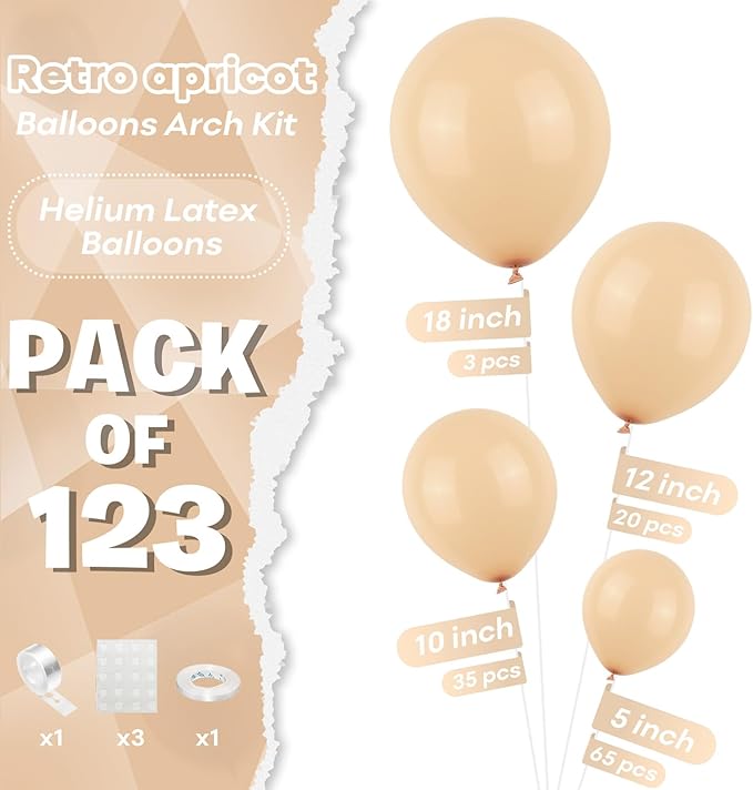 Togvu Nude Balloons Different Sizes, 123 Packs Boho Beige Balloons, Pack of 18 12 10 5 Inch Retro Apricot Balloons Garland Arch Kit for Boho Birthday Baby Shower Wedding Party Decoration