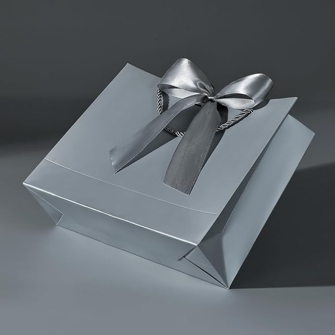 JMANNI Gift Bags, Medium Gift Bags for Presents with Bow Ribbon, Party Bags with Handles 4 Tissue Papers and 2 Cards for Weddings, Birthday, Party, Celebration, Christmas(Brown-Silver 2Pcs)